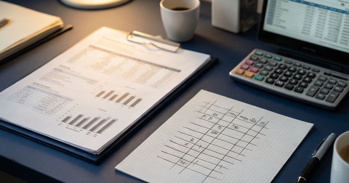 Printed supplier comparison sheets, a hand-scored grid and a calculator laid out on a desk