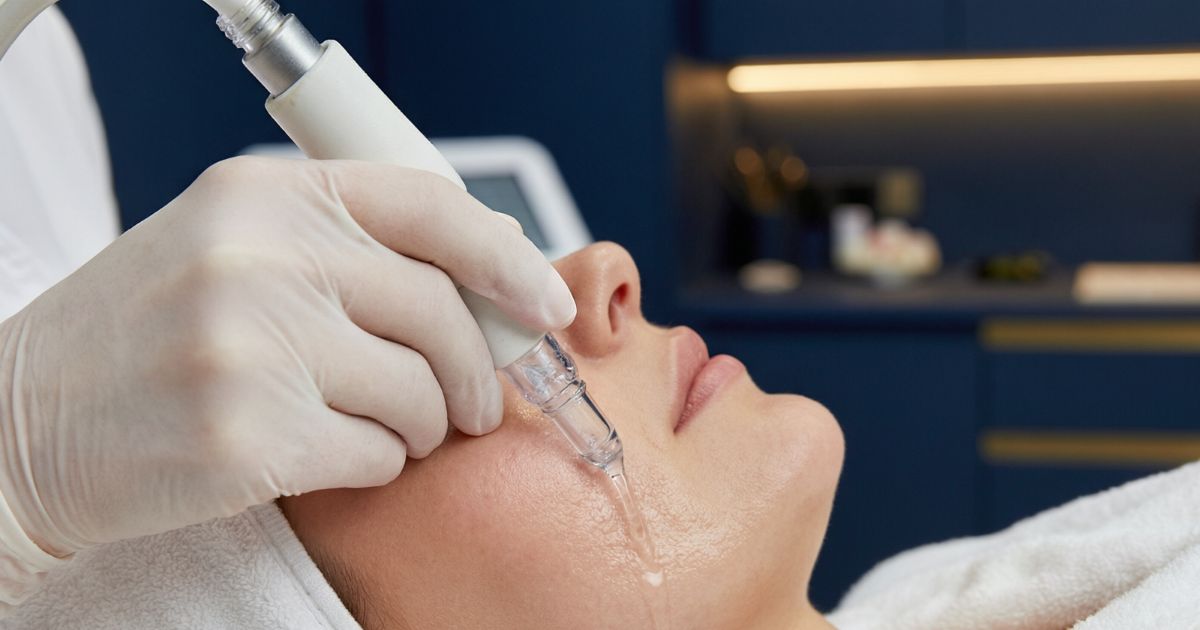 A gloved practitioner guiding a hydro dermabrasion wand across a client face during an in-clinic treatment