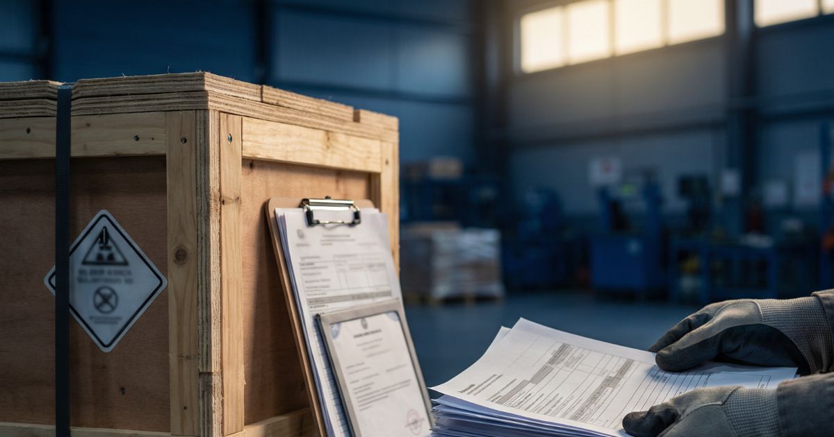 A wooden export crate with a handling label and a clipboard of shipping documents in a warehouse