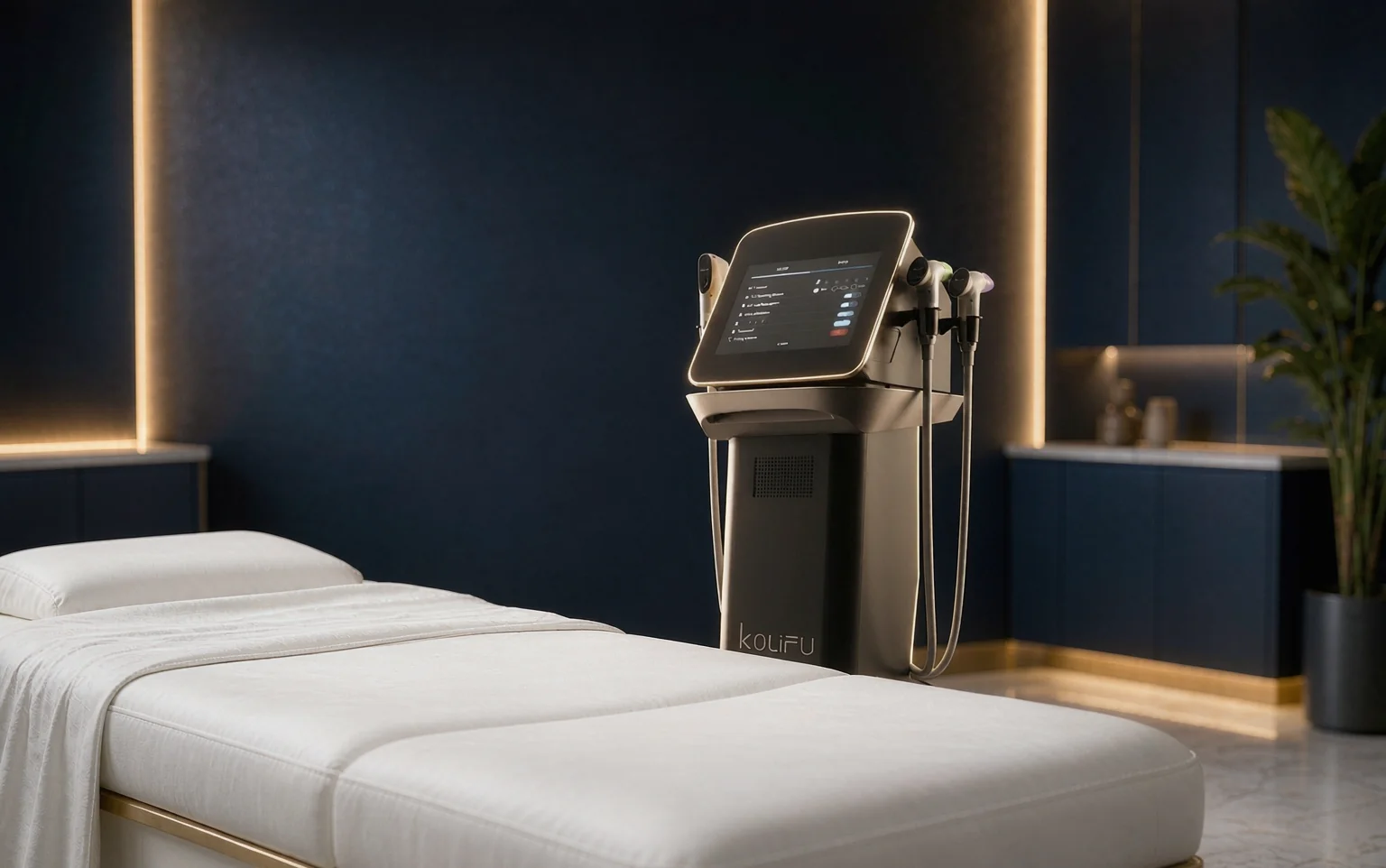 CPT TIME PRINCESS multi-technology HIFU platform by KOLIFU in a modern aesthetic treatment room with navy walls and champagne gold lighting