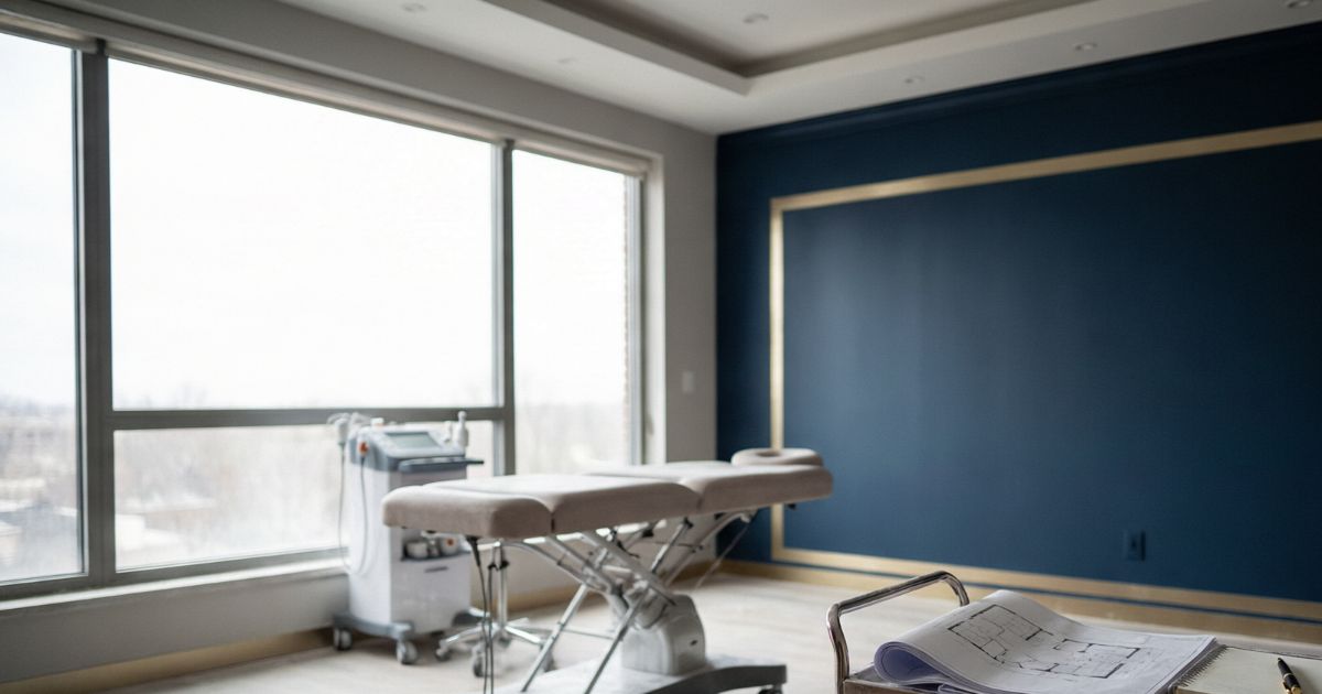 An empty treatment room with an aesthetic machine and a bed beside a window, floor plans on the desk