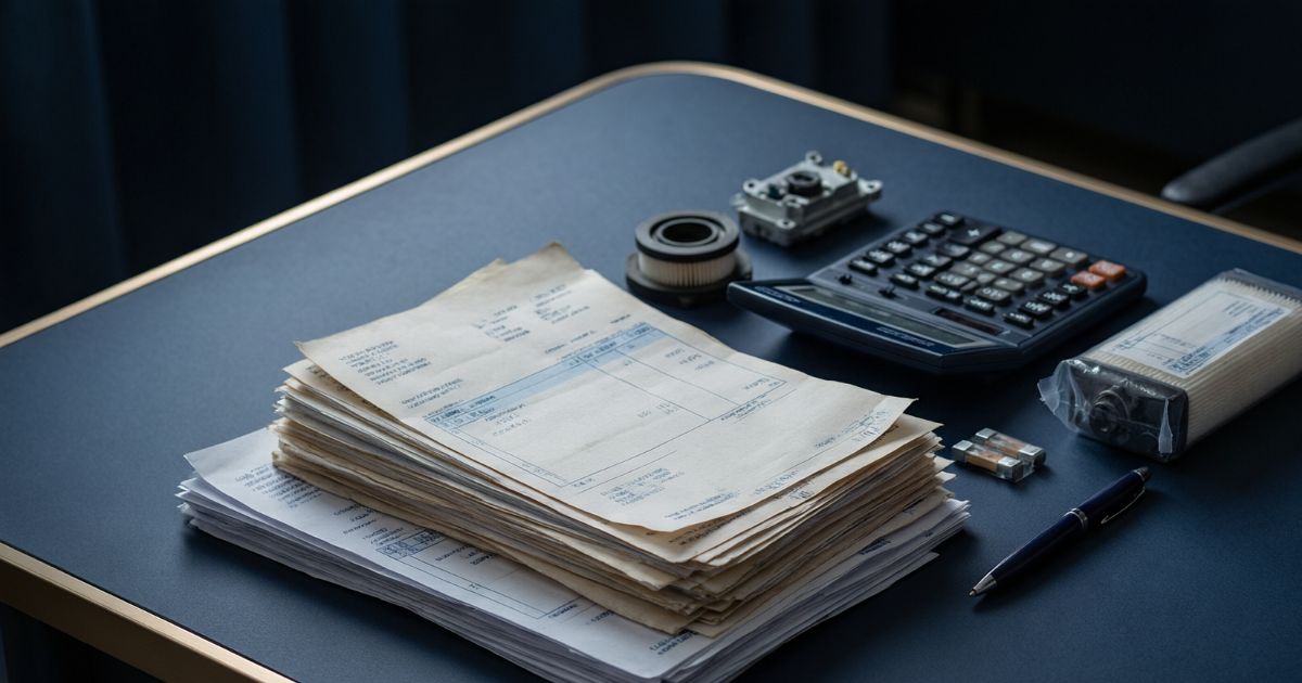 A stack of service invoices with replacement cartridges and a calculator on a workbench