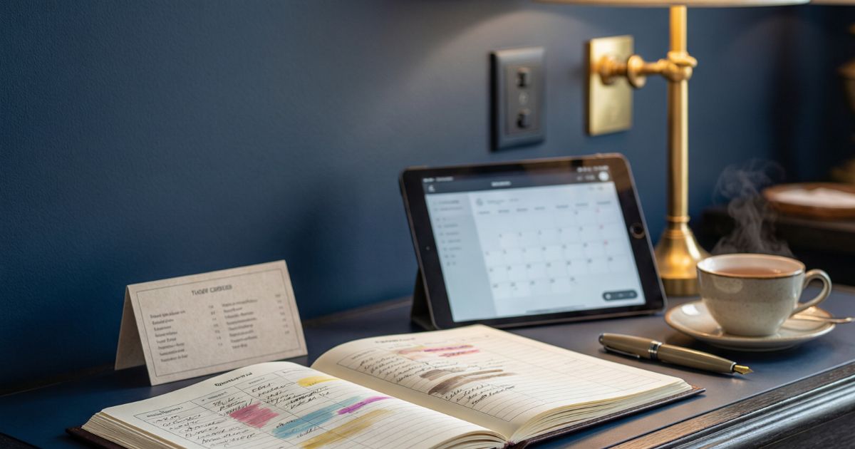 A tablet showing a booking calendar next to a printed treatment menu card and a guest ledger