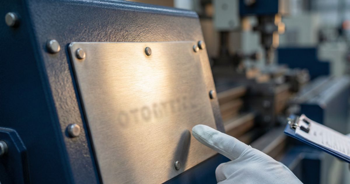 A gloved hand checking the metal serial nameplate bolted to the side of an aesthetic machine chassis