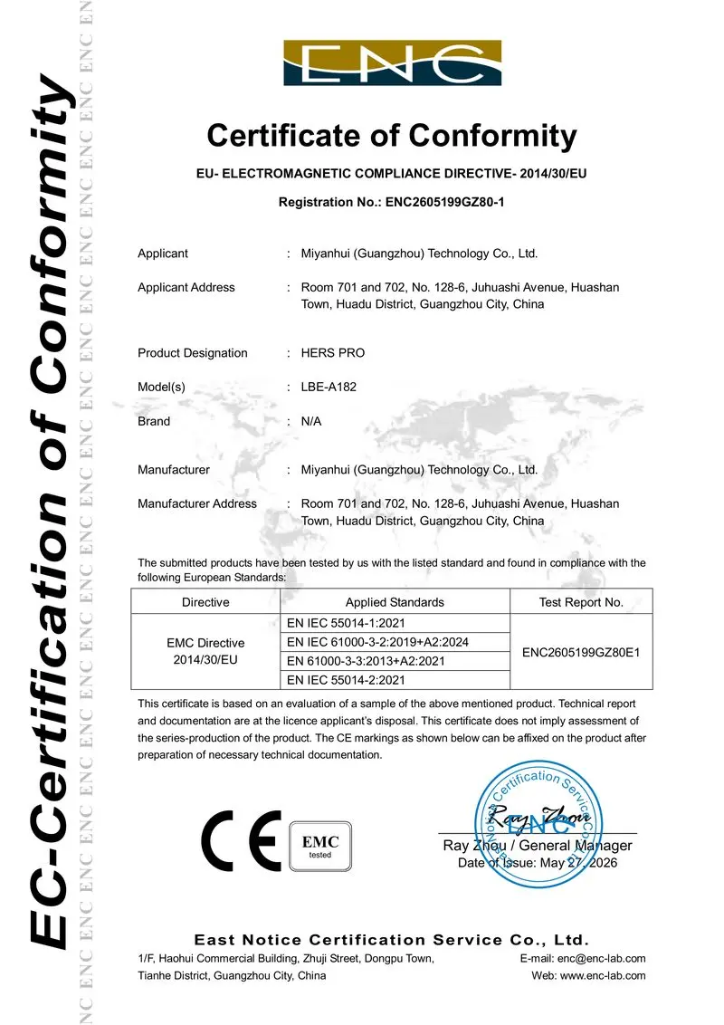 EMC Directive 2014/30/EU certificate of conformity ENC2605199GZ80-1 for the HERS PRO platform, model LBE-A182