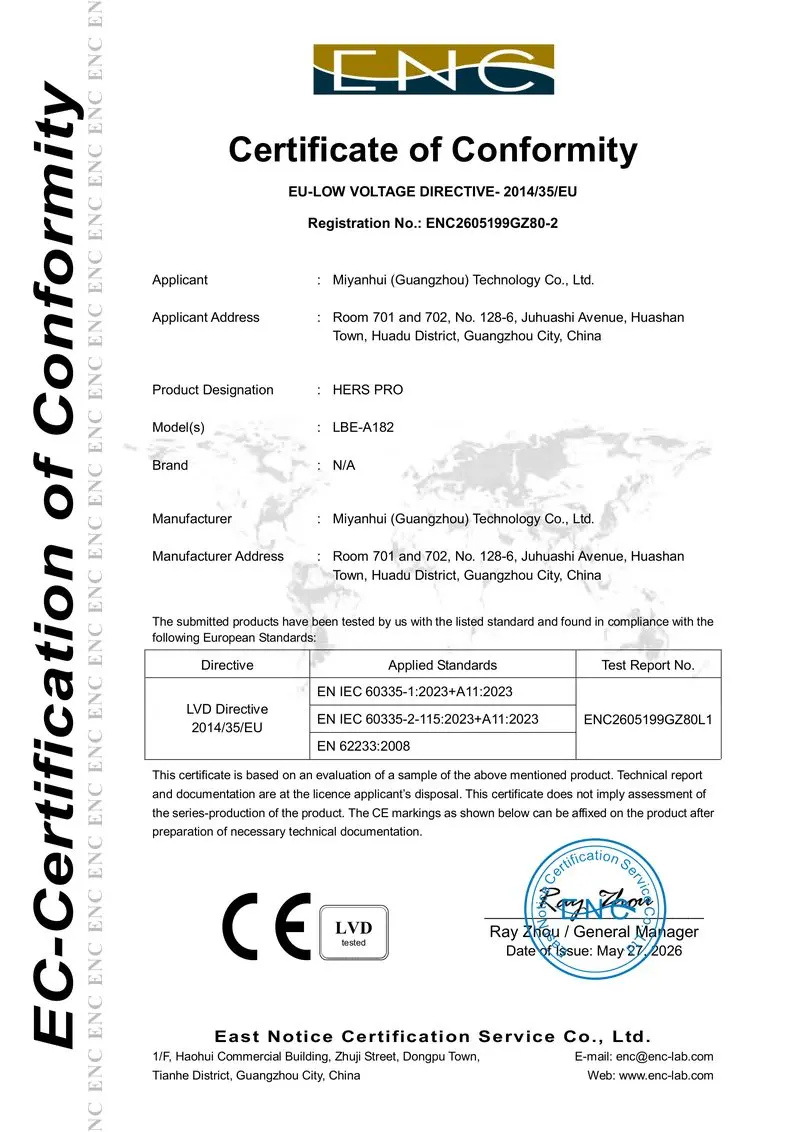 Low Voltage Directive 2014/35/EU certificate of conformity ENC2605199GZ80-2 for the HERS PRO platform, model LBE-A182