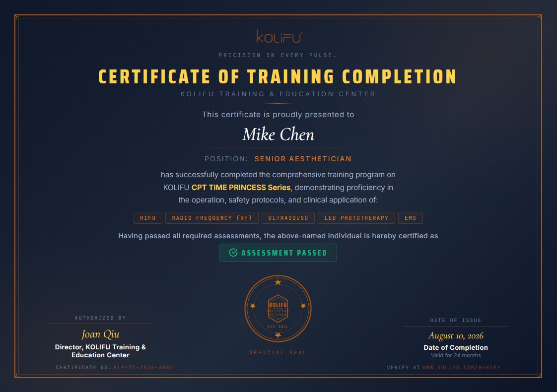 KOLIFU Certified Operator Certificate — sample