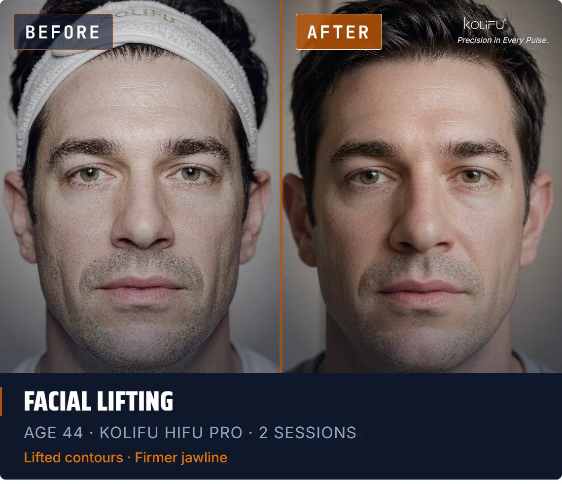 Antes y después de máquina HIFU: definición de la línea mandibular y lifting de mejillas sin cirugía